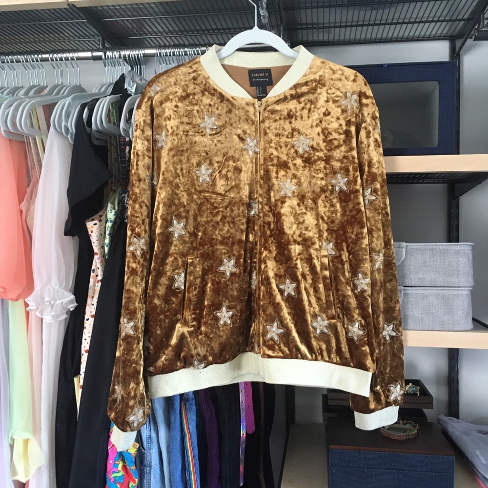 Glitzy gold star velvet bomber jacket, size large!